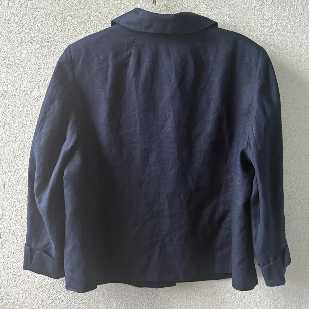 Anne Klein Navy Blue Linen Size 14W Jacket Collared Front Button Office Career - Picture 3 of 9